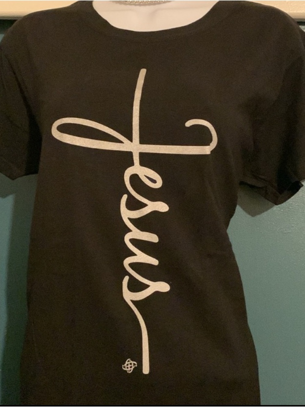 Black Short Sleeve Tee with Vertical 'Jesus' Script Graphic